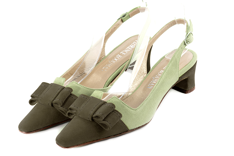 Khaki green women's open back shoes, with a knot. Tapered toe. Low kitten heels. Front view - Florence KOOIJMAN